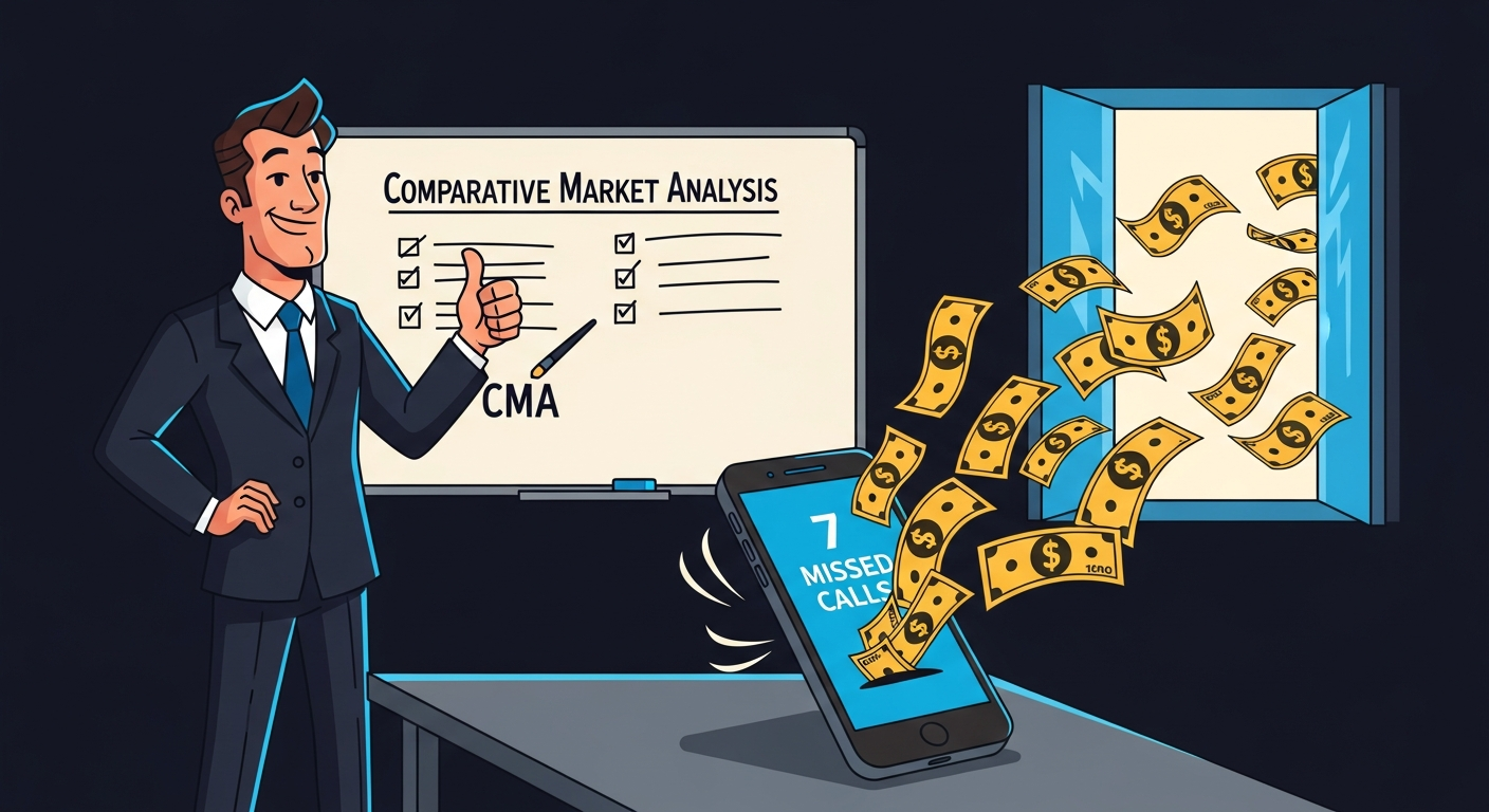 Real estate agent giving a thumbs-up at a CMA presentation while his phone shows 7 missed calls and cash flies out the window — illustrating the cost of unanswered buyer enquiries